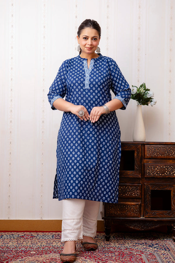 Plus Size Blue Printed Straight kurta For Women | WomensFashionFun