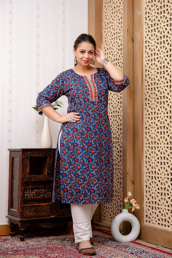 Plus Size Blue Printed Straight kurta For Women | WomensFashionFun