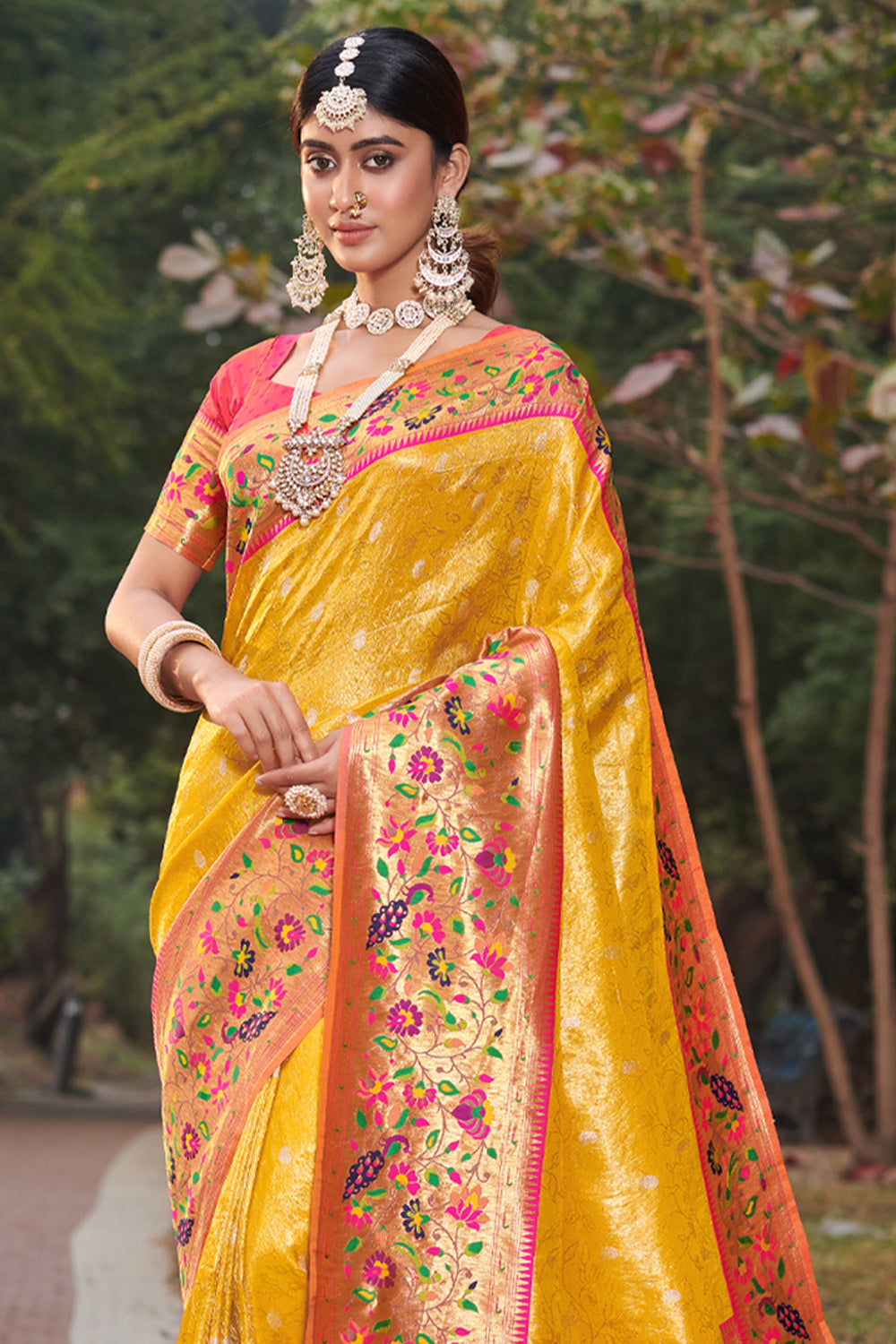 Women Yellow Paithani Silk Woven Zari Work Traditional Tassle Saree