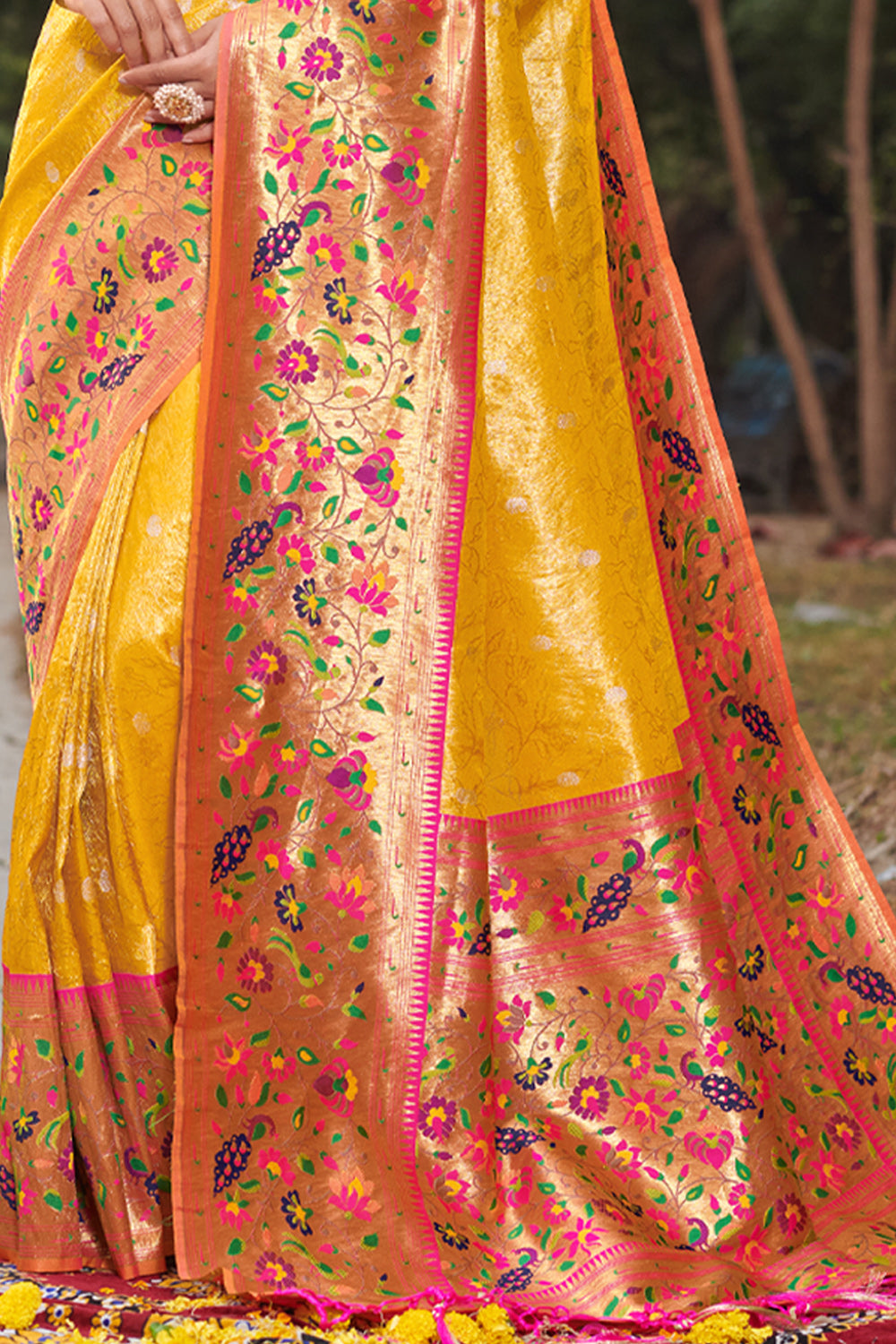 Women Yellow Paithani Silk Woven Zari Work Traditional Tassle Saree