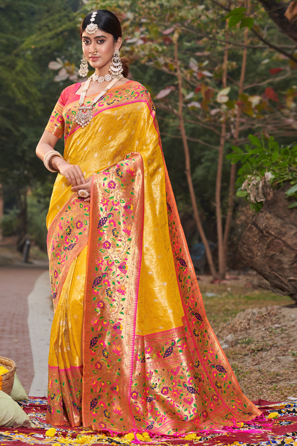 Women Yellow Paithani Silk Woven Zari Work Traditional Tassle Saree