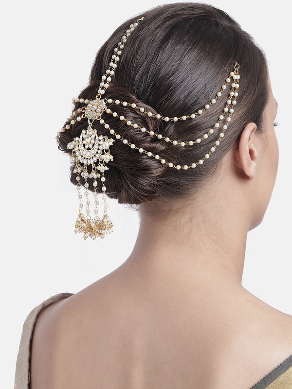 Gold Plated Traditional Handcrafted White Kundan and Pearl Studded Paranda/Hair Braid Pin Choti For Bridal Perfect for Wedding (T2080W) | Womensfashionfun