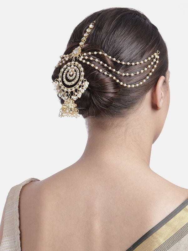 Gold Plated Traditional Handcrafted White Kundan and Pearl Studded Paranda/Hair Braid Pin Choti For Bridal Perfect for Wedding (T2081W) | Womensfashionfun