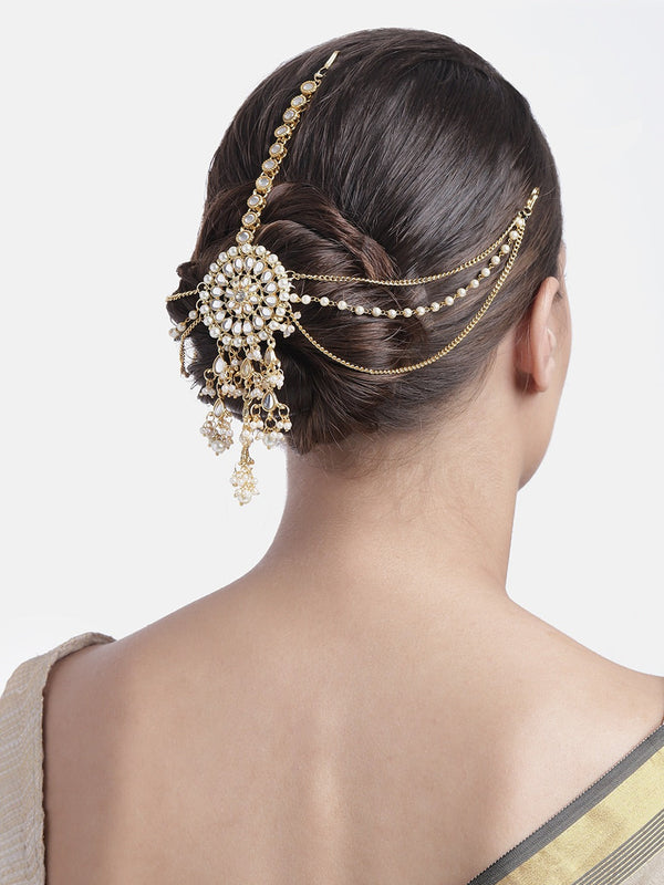 Gold Plated Traditional Handcrafted White Kundan and Pearl Studded Paranda/Hair Braid Pin Choti For Bridal Perfect for Wedding (T2082W) | Womensfashionfun