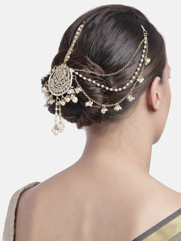 Gold Plated Traditional Handcrafted White Kundan and Pearl Studded Paranda/Hair Braid Pin Choti For Bridal Perfect for Wedding(T2083W) | Womensfashionfun