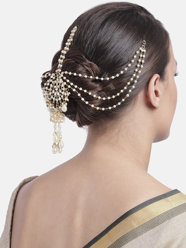 Gold Plated Traditional Handcrafted White Kundan and Pearl Studded Paranda/Hair Braid Pin Choti For Bridal Perfect for Wedding (T2084W) | Womensfashionfun