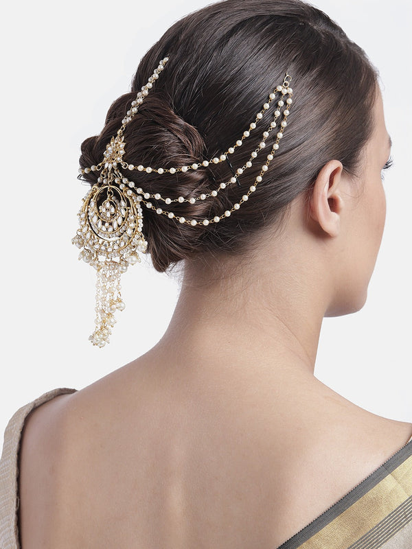 Gold Plated Traditional Handcrafted White Kundan and Pearl Studded Paranda/Hair Braid Pin Choti For Bridal Perfect for Wedding (T2085W) | Womensfashionfun