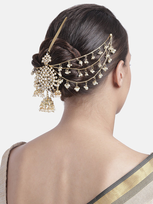 Gold Plated Traditional Handcrafted White Kundan and Pearl Studded Paranda/Hair Braid Pin Choti For Bridal Perfect for Wedding (T2086W) | Womensfashionfun