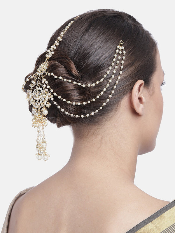 Gold Plated Traditional Handcrafted White Kundan and Pearl Studded Paranda/Hair Braid Pin Choti For Bridal Perfect for Wedding (T2087W) | Womensfashionfun