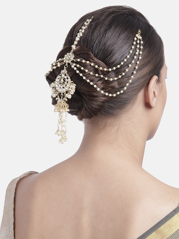 Gold Plated Traditional Handcrafted White Kundan and Pearl Studded Paranda/Hair Braid Pin Choti For Bridal Perfect for Wedding (T2088W) | Womensfashionfun