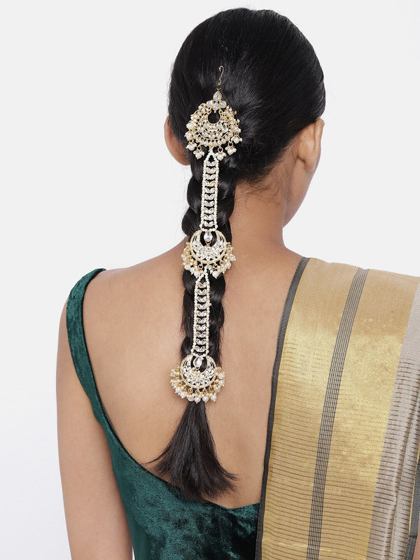 Gold Plated Traditional Handcrafted White Kundan and Pearl Studded Paranda/Hair Braid Pin Choti For Bridal Perfect for Wedding (T2094W) | Womensfashionfun