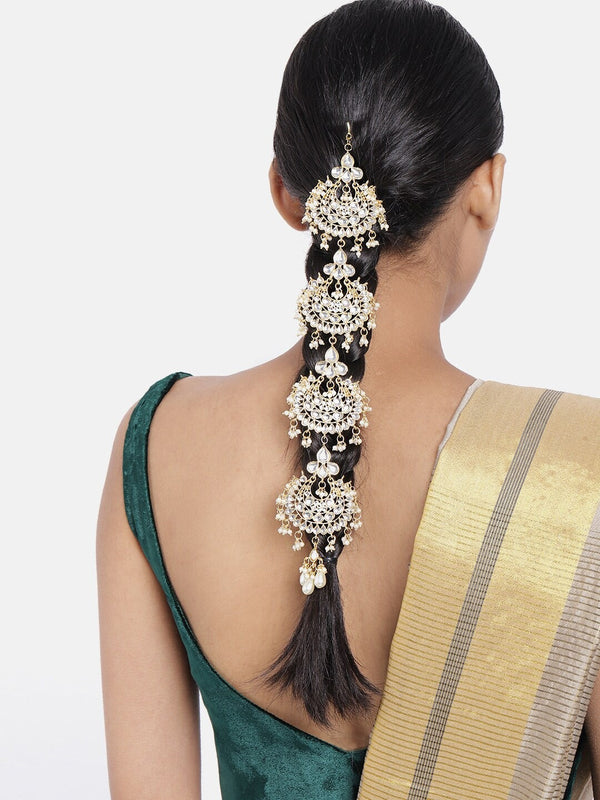 Gold Plated Traditional Handcrafted White Kundan and Pearl Studded Paranda/Hair Braid Pin Choti For Bridal Perfect for Wedding (T2095W) | Womensfashionfun