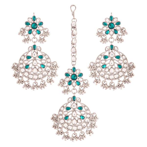 Rhodium Plated Traditional Handcrafted Earrings With Maang Tikka Encased with Faux Kundan & Pearl for Women/Girls (TE2872ZG) | Womensfashionfun