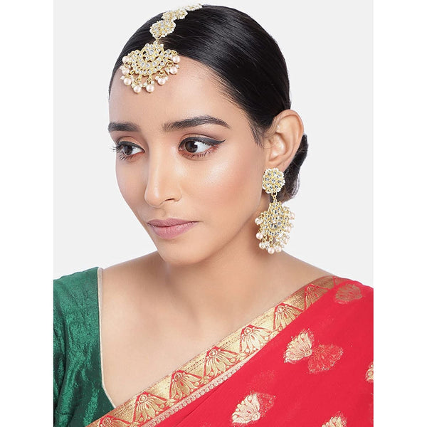 Gold Plated With Stunning Matte Finish Traditional Kundan & Faux Pearl Chandbali Earrings With Maang Tikka Set (Te2911W, Womens) | Womensfashionfun