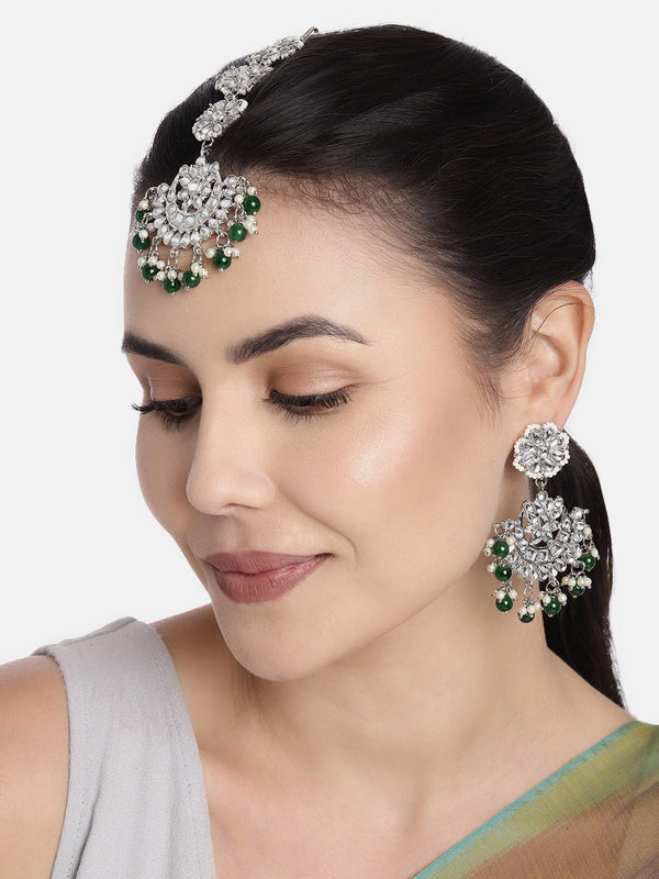 Rhodium Plated With Stunning Matte Finish Traditional Kundan & Faux Pearl Chandbali Earrings With Maang Tikka Set (Te2911Zg, Womens) | Womensfashionfun