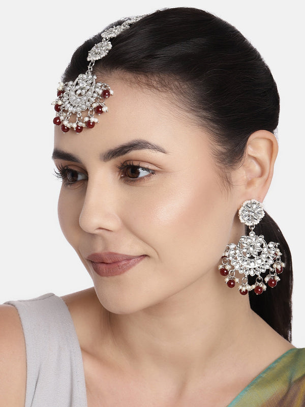 Women Rhodium Plated With Stunning Matte Finish Traditional Kundan & Faux Pearl Chandbali Earrings With Maang Tikka Set (Te2911Zm) | Womensfashionfun