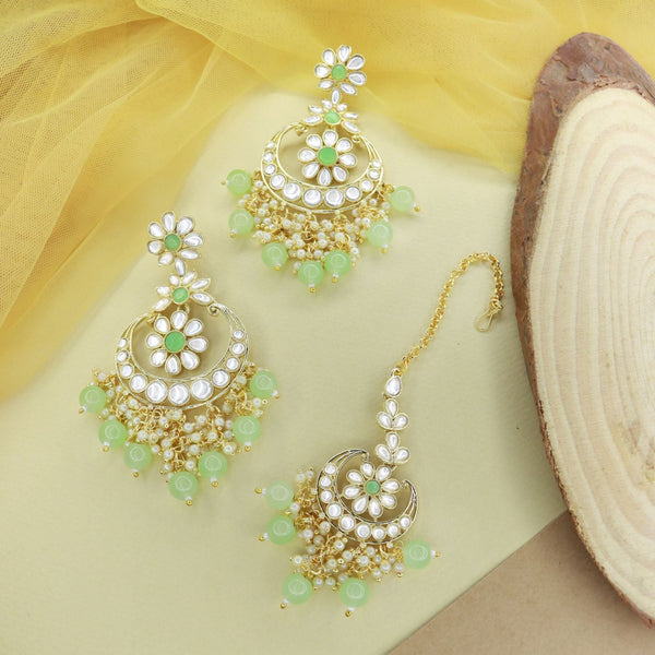 Gold Plated Traditional Kundan & Pearl Chandbali Earrings with Maang Tikka Set | Womensfashionfun