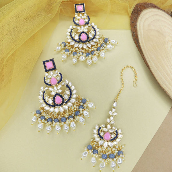 Gold Plated Traditional Kundan & Pearl Chandbali Earrings with Maang Tikka Set for Women/Girls (TE3021Pemt) | Womensfashionfun