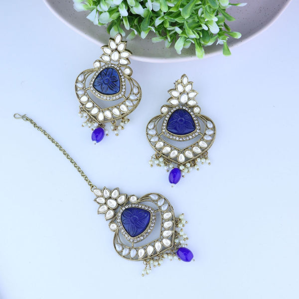 Gold Plated Traditional Kundan Pearl Chandbali Earrings With Maang Tikka For Women/Girls (TE3031) (Blue) | Womensfashionfun