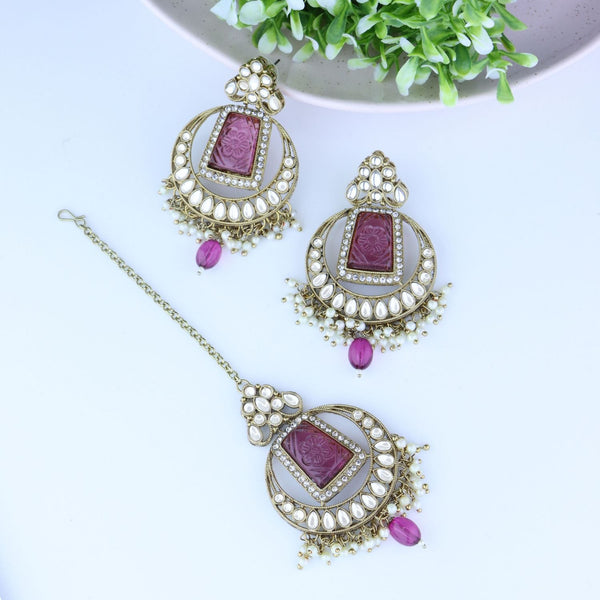 Gold Plated Traditional Pearl Hanging Kundan Stone Chandbali Earring With Maang Tikka For Women/Girls(TE3028Pu) | Womensfashionfun