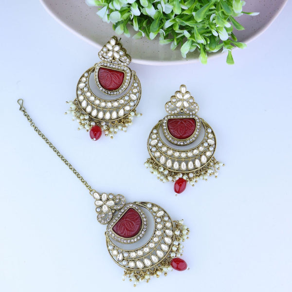 Gold Plated Traditional Pearl Hanging Kundan Stone Chandbali Earring With Maang Tikka For Women/Girls(TE3029R) | Womensfashionfun