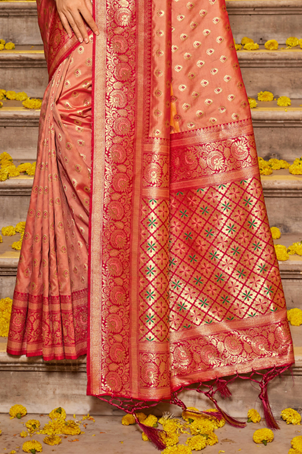 Women Peach Banarasi Silk Woven Work Traditional Tassels Saree