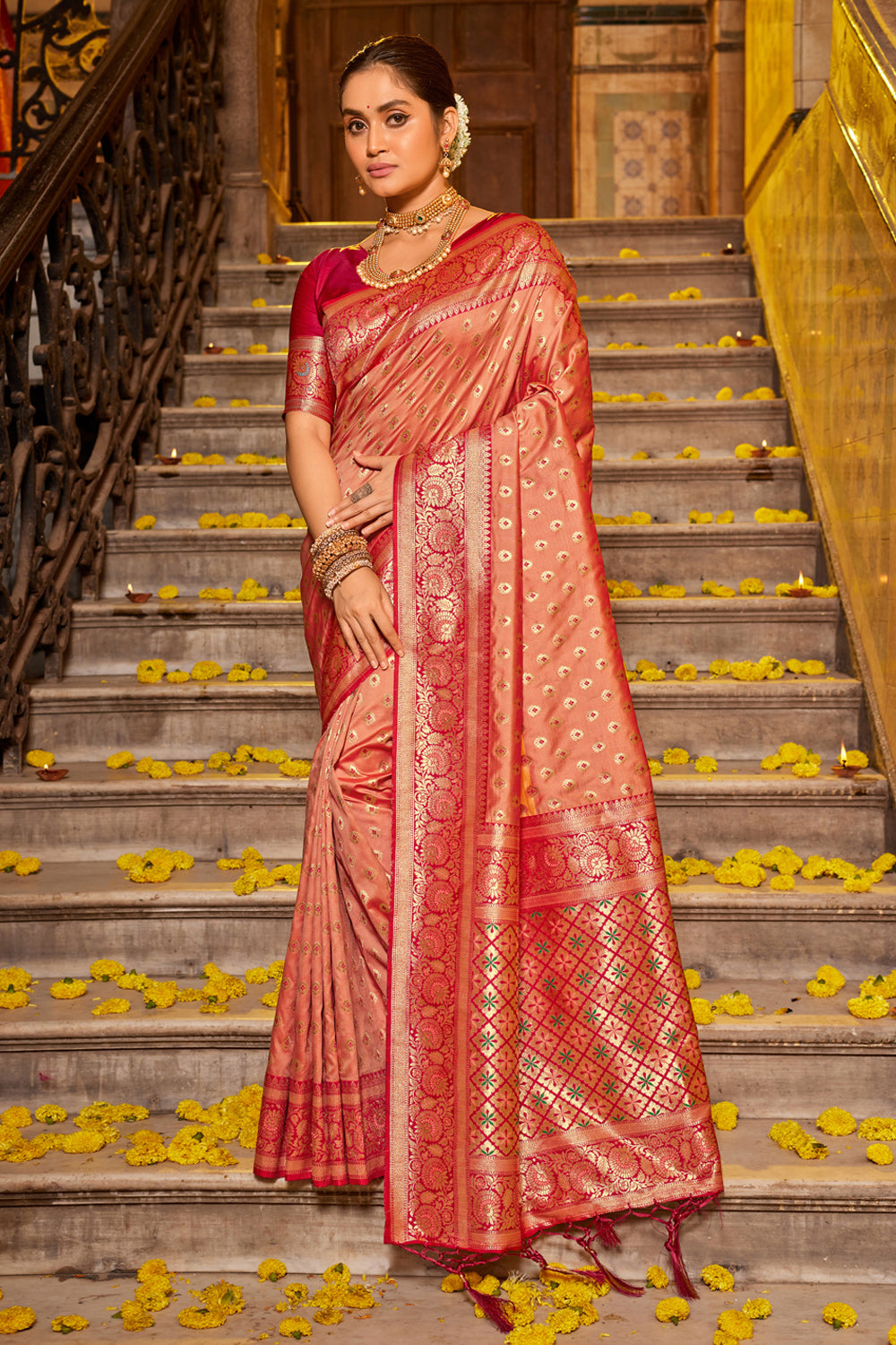 Women Peach Banarasi Silk Woven Work Traditional Tassels Saree