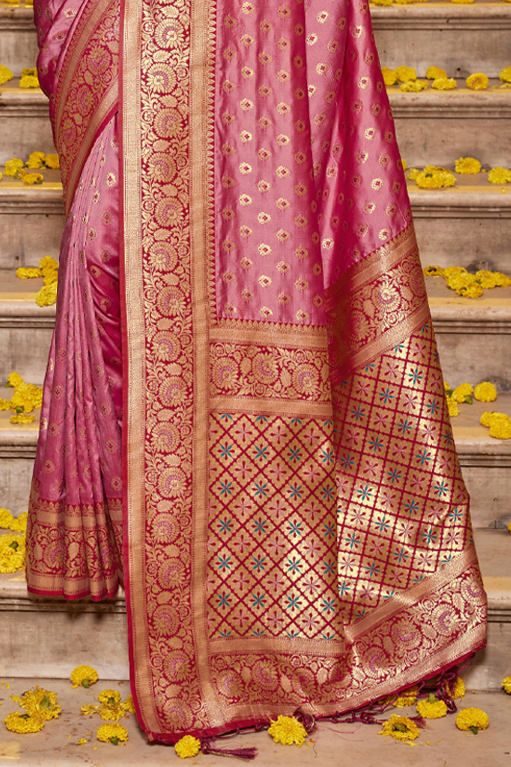 Women Light Pink Banarasi Silk Woven Work Traditional Tassels Saree