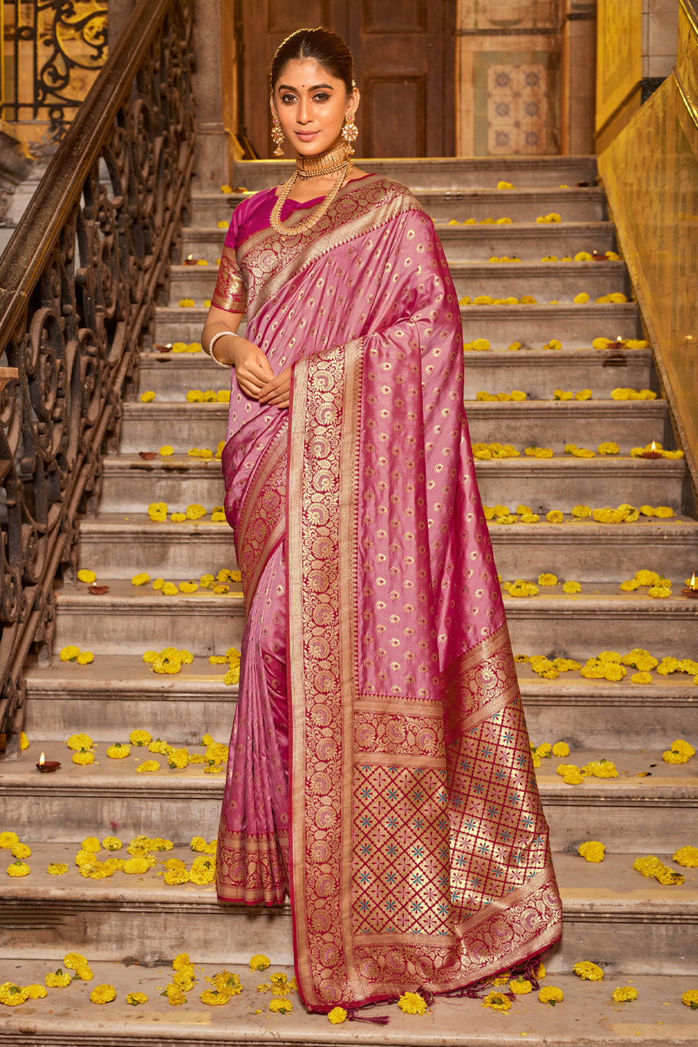 Women Light Pink Banarasi Silk Woven Work Traditional Tassels Saree