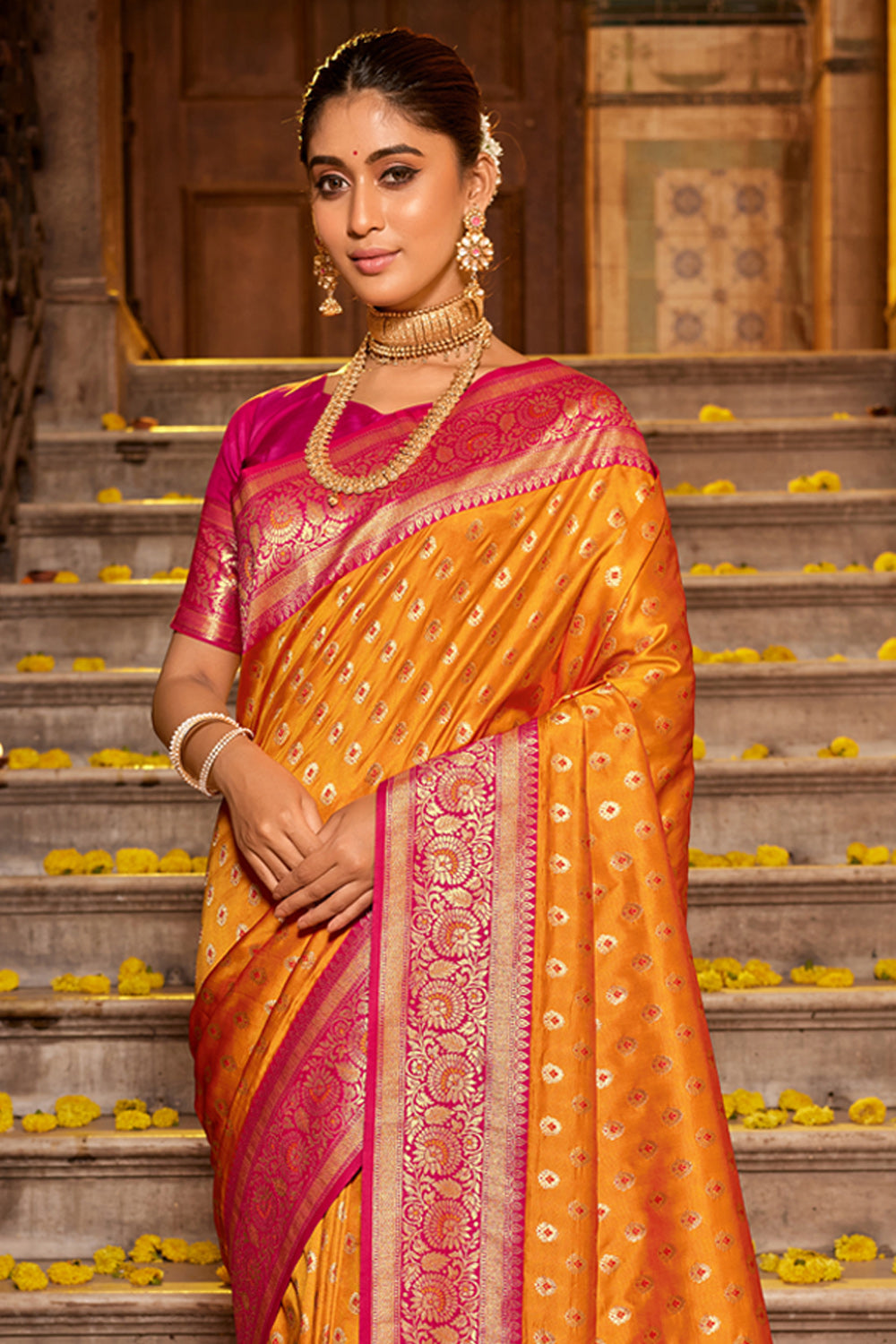 Women Mustard Banarasi Silk Woven Work Traditional Tassels Saree