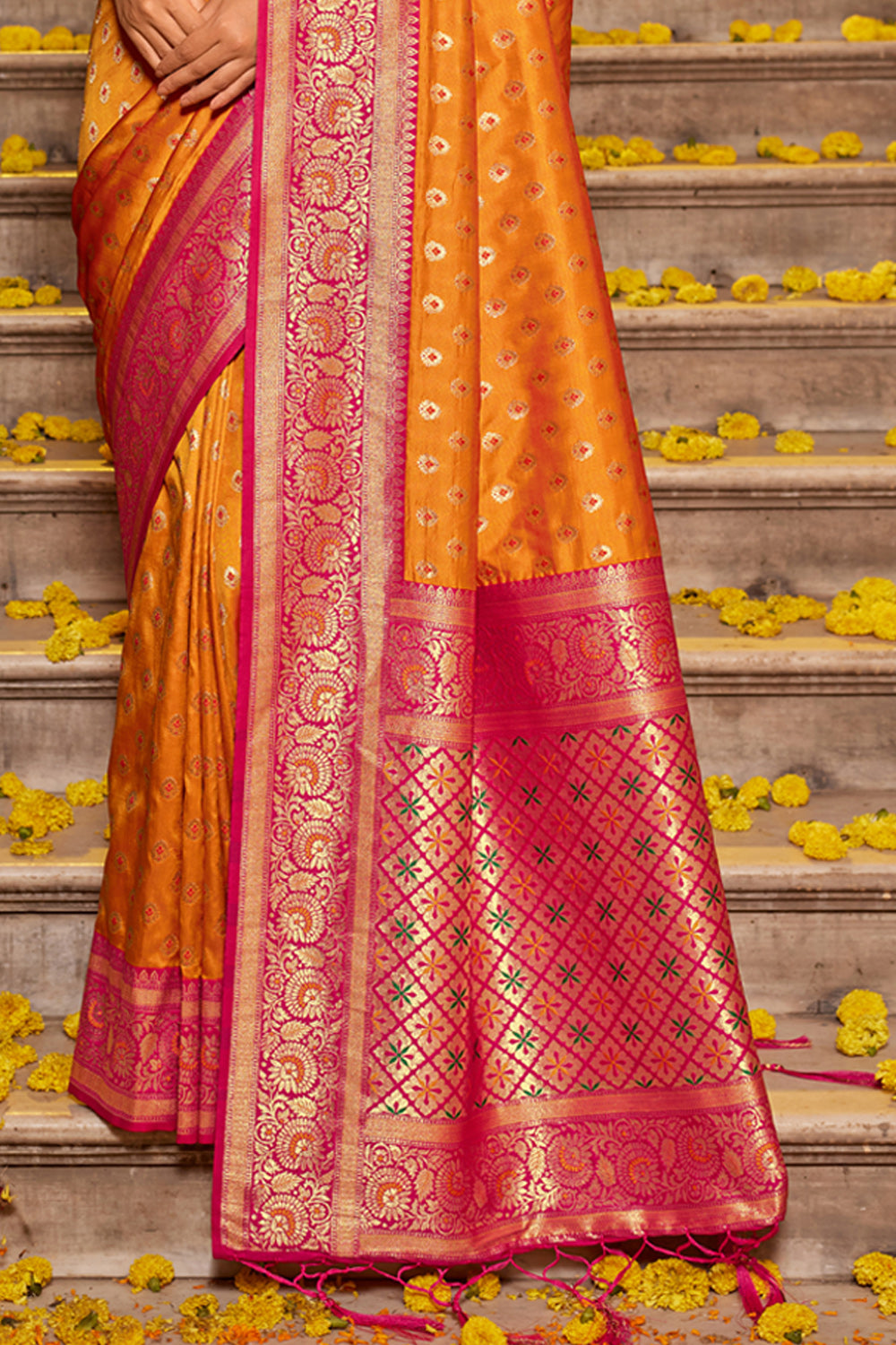 Women Mustard Banarasi Silk Woven Work Traditional Tassels Saree