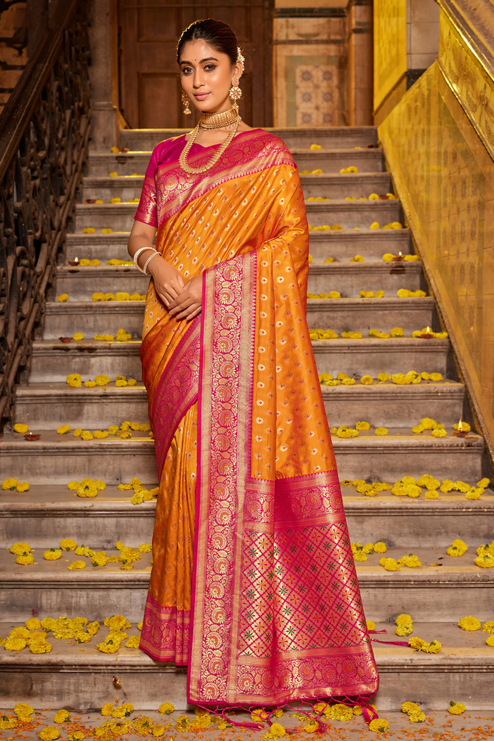 Women Mustard Banarasi Silk Woven Work Traditional Tassels Saree