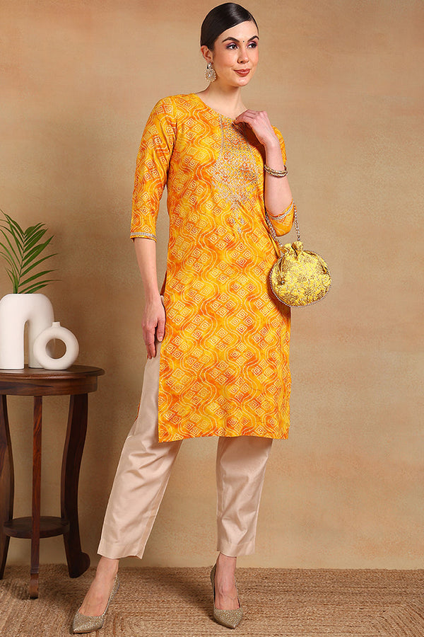 Yellow Viscose Rayon Bandhani Printed Straight Kurta | WomensFashionFun.com