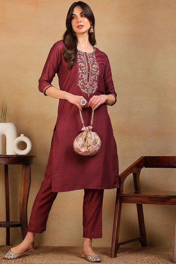 Mauve Silk Blend Solid Embroidered Straight Kurta | WomensFashionFun.com