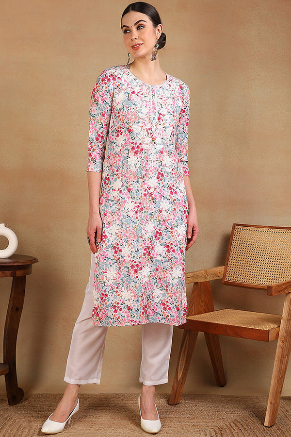 White Cotton Blend Embroidered Floral Printed Straight Kurta | WomensFashionFun.com