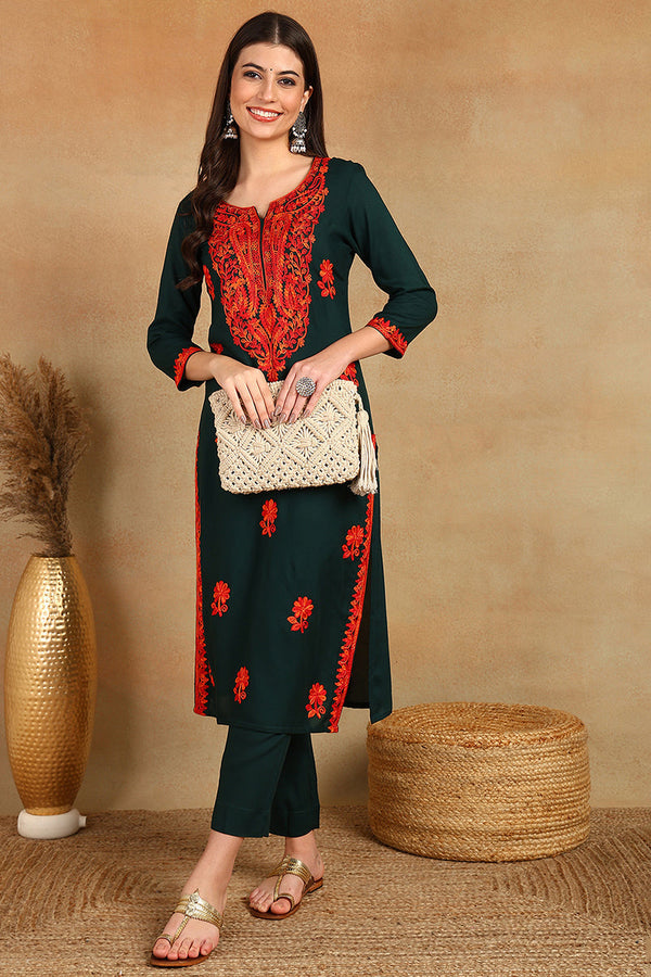 Green Embroidered Viscose Rayon Straight Cut Kurta | WomensFashionFun.com