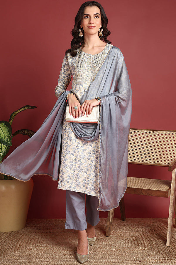 Grey Viscose Rayon Abstract Embroidered Straight Suit Set | WomensFashionFun.com