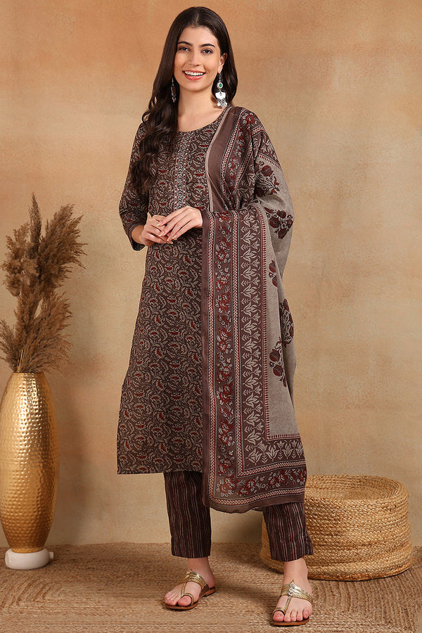 Grey Rayon Blend Ethnic Motifs Printed Straight Trouser Suit Set | WomensFashionFun.com