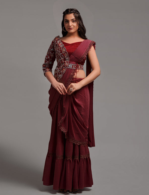 Women Wedding Wear Ready to Wear Georgette Saree with Stitched Blouse(Free Size-Up to 42) | WomensFashionFun.com