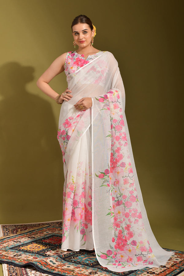 Women Party Wear Printed Linen Saree with Un Stitched Blouse | WomensFashionFun