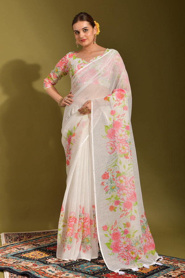 Women Party Wear Printed Linen Saree with Un Stitched Blouse | WomensFashionFun