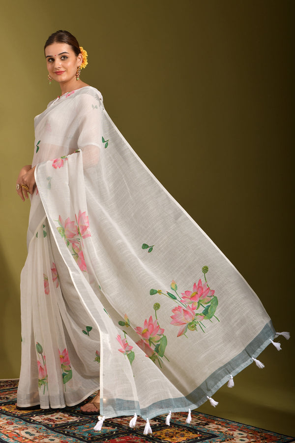 Women Party Wear Printed Linen Saree with Un Stitched Blouse | WomensFashionFun