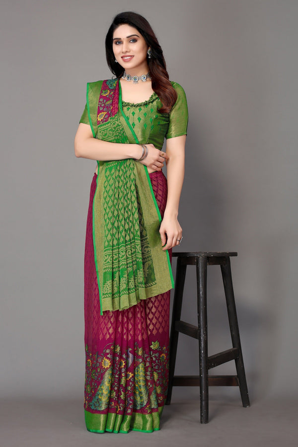 Women Party Wear Printed Brasso Chiffon Saree with Un Stitched Blouse | WomensFashionFun