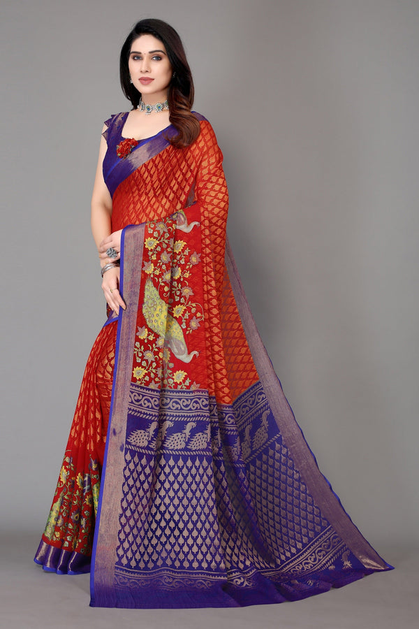 Women Party Wear Printed Brasso Chiffon Saree with Un Stitched Blouse | WomensFashionFun