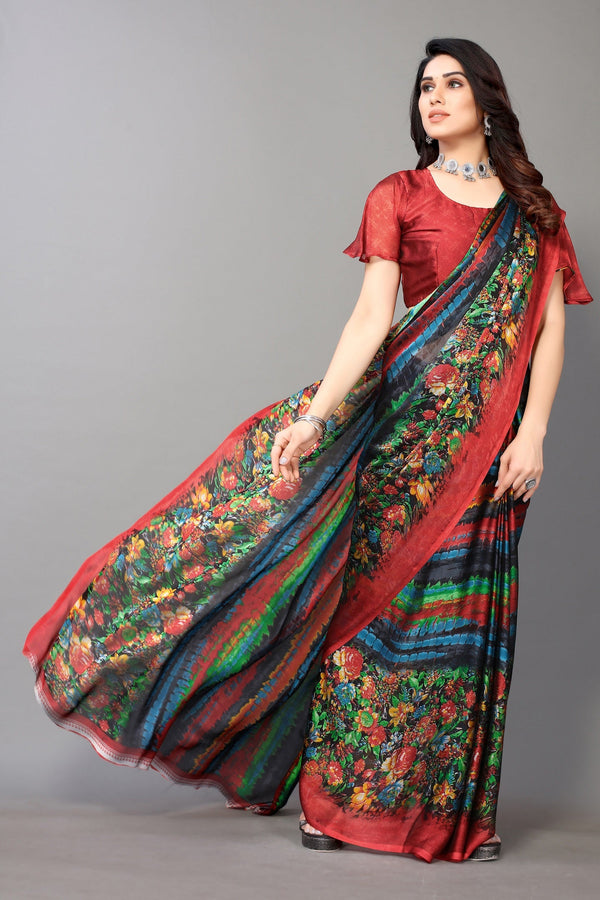 Women Party Wear Printed Chiffon Silk Saree with Un Stitched Blouse | WomensFashionFun