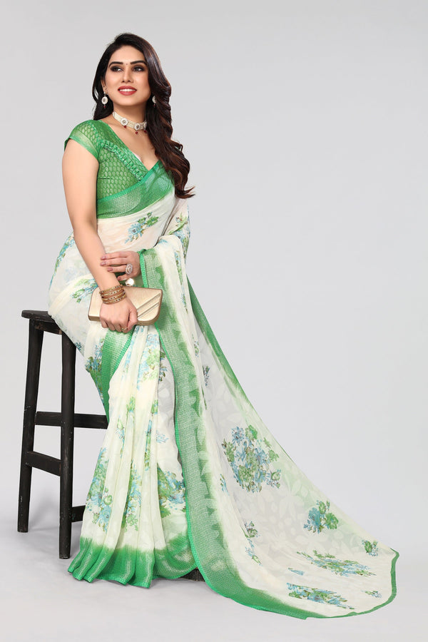 Women Party Wear Printed Brasso Chiffon Saree with Un Stitched Blouse | WomensFashionFun