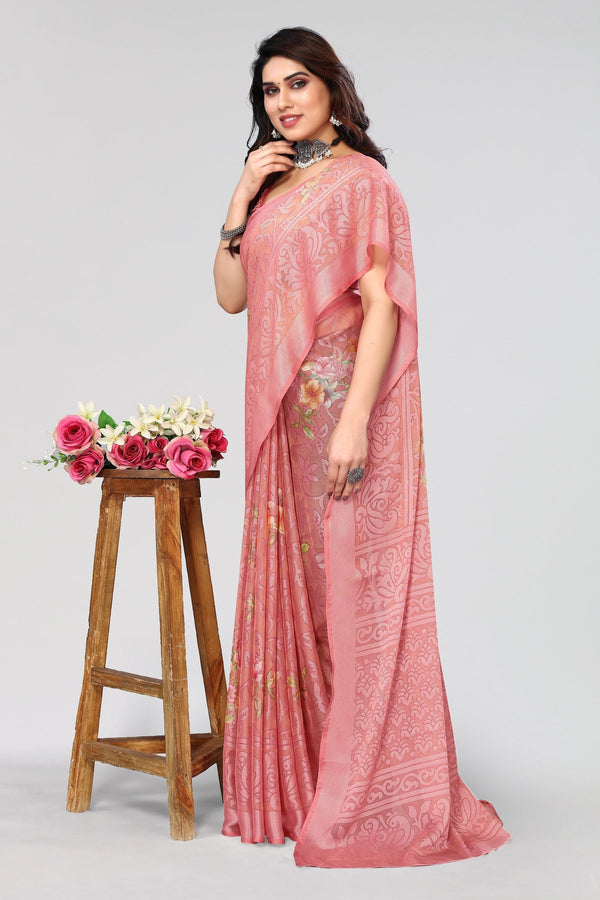 Women Party Wear Printed Brasso Chiffon Saree with Un Stitched Blouse | WomensFashionFun