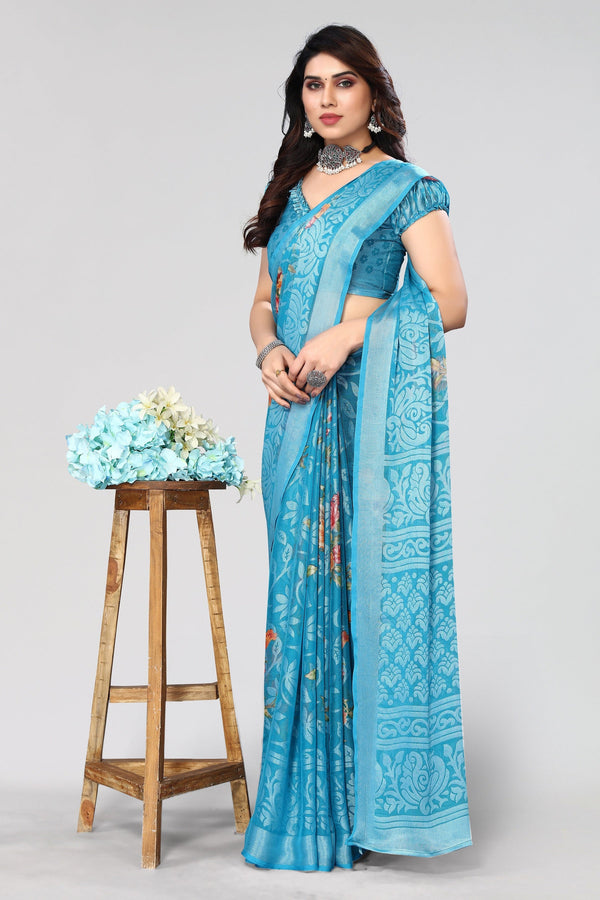 Women Party Wear Printed Brasso Chiffon Saree with Un Stitched Blouse | WomensFashionFun