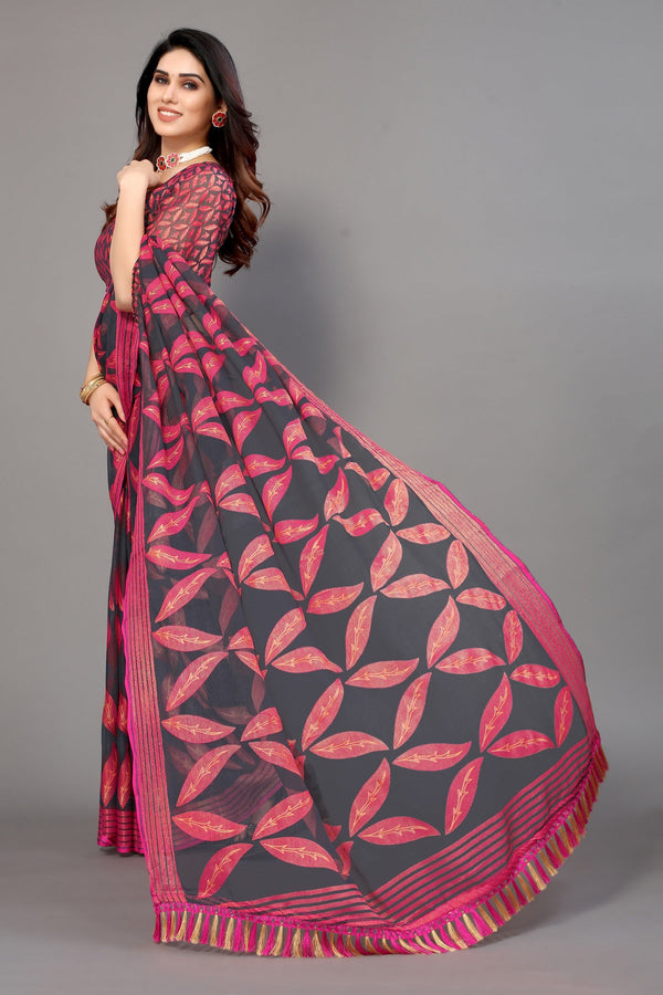 Women Party Wear Printed Brasso Chiffon Saree with Un Stitched Blouse | WomensFashionFun