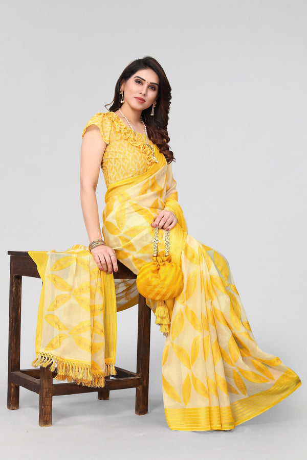 Women Party Wear Printed Brasso Chiffon Saree with Un Stitched Blouse | WomensFashionFun